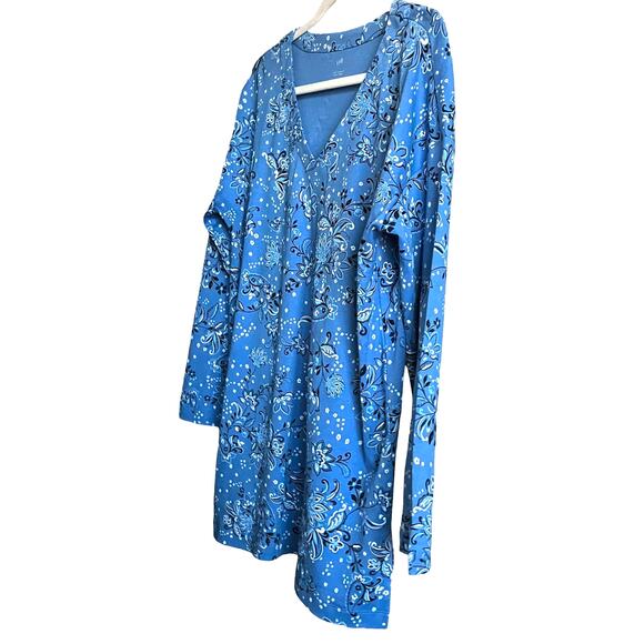 J. HILL SUPIMA V-NECK TUNIC, WOMENS, M, BLUE W/PAISLEY WHITE & BLACK FLOWERS - Picture 3 of 10